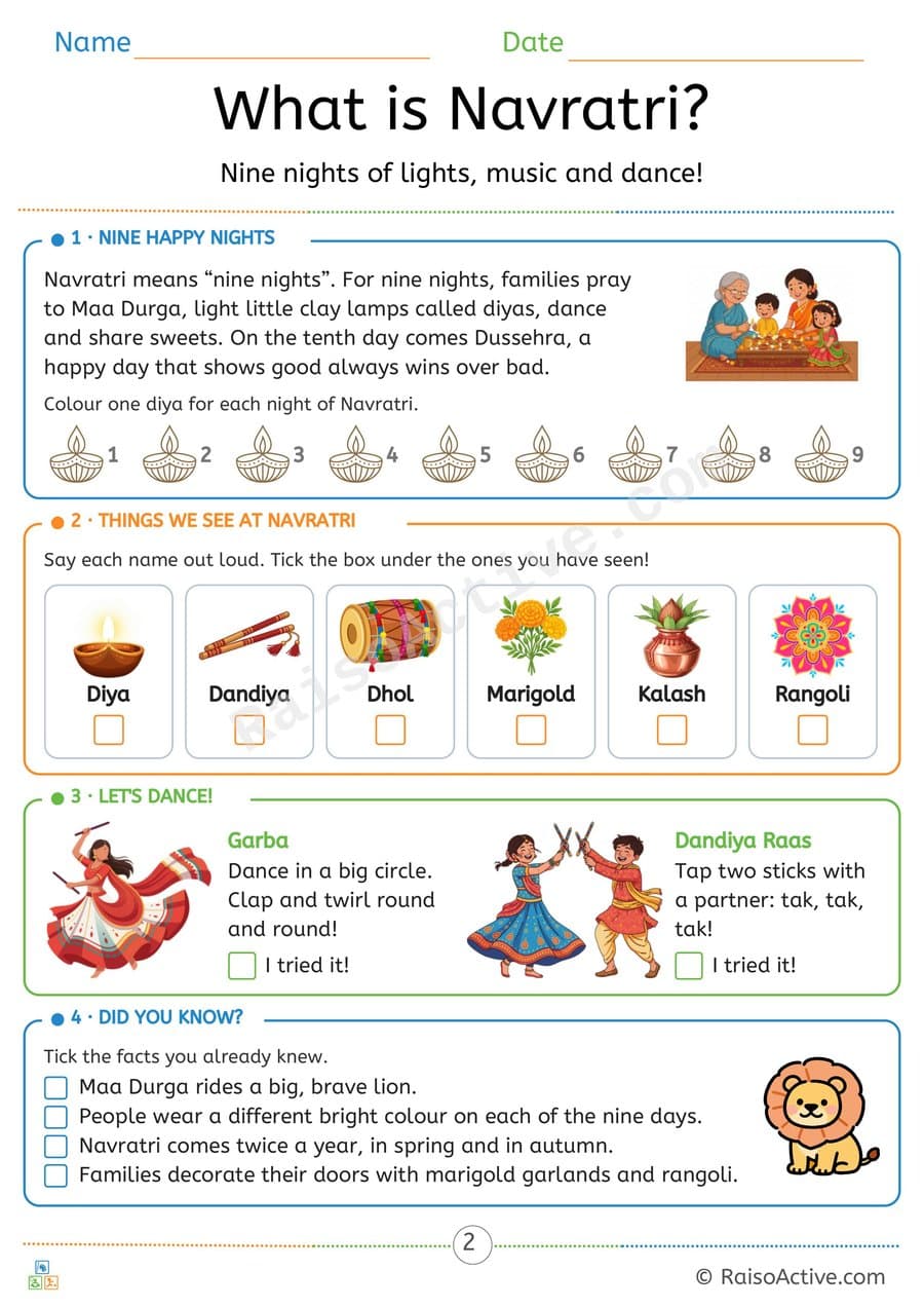 What is Navratri? Nine Nights Worksheet for Kids – free printable learning worksheet preview
