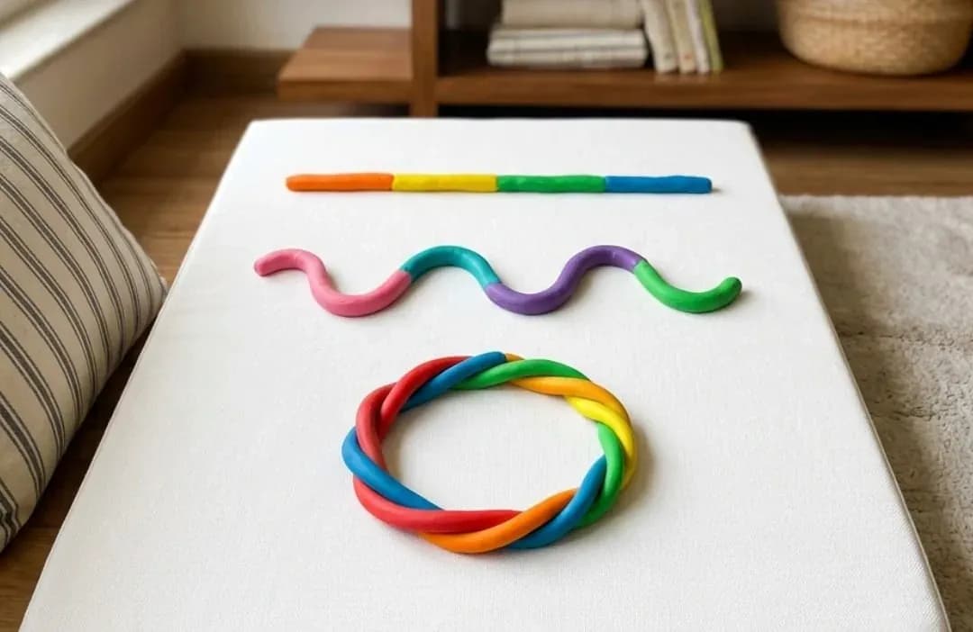 Rainbow play dough shaped into a straight line, a wave and a ring on a white mat