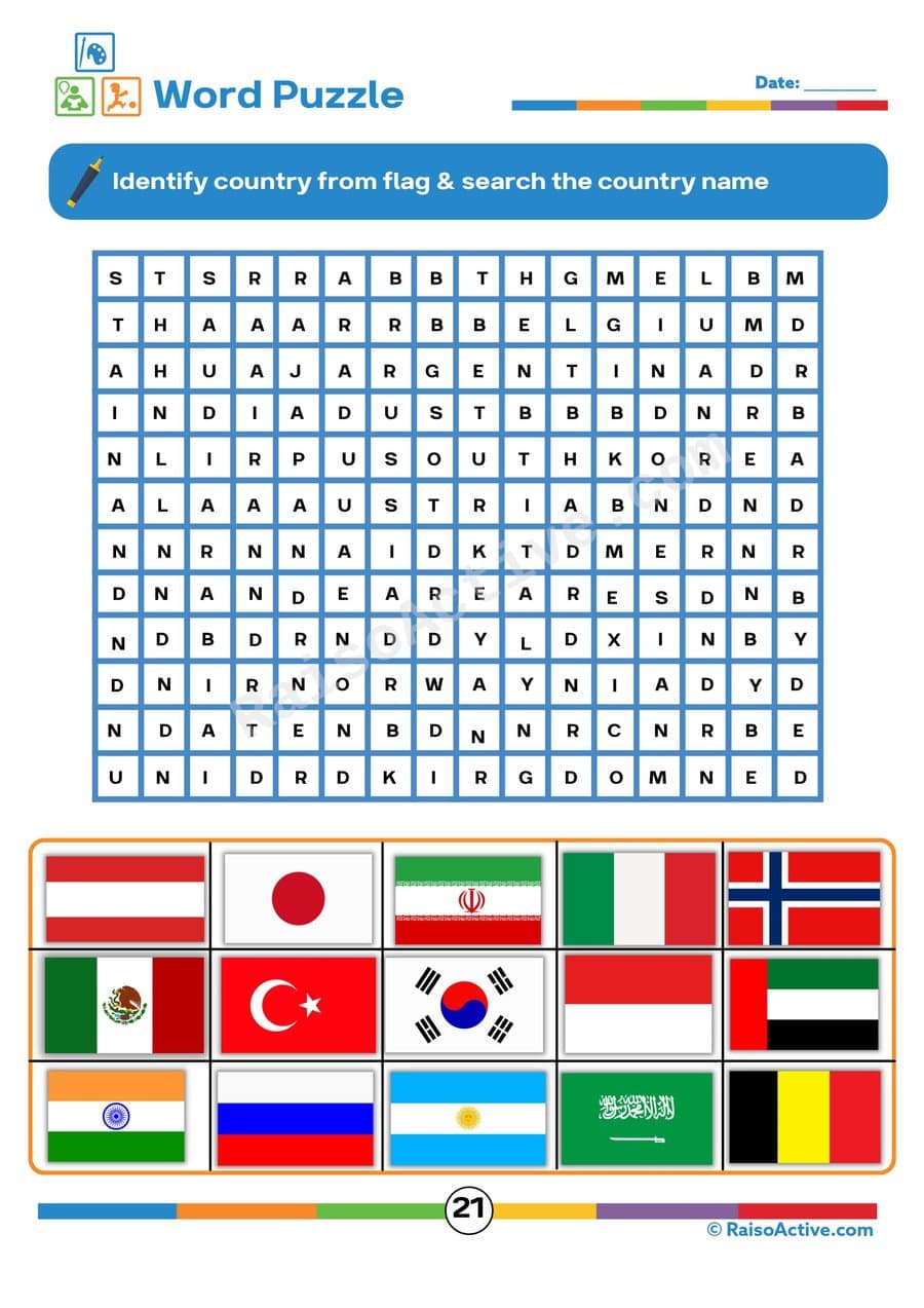World Flags Word Search Worksheet for Kids