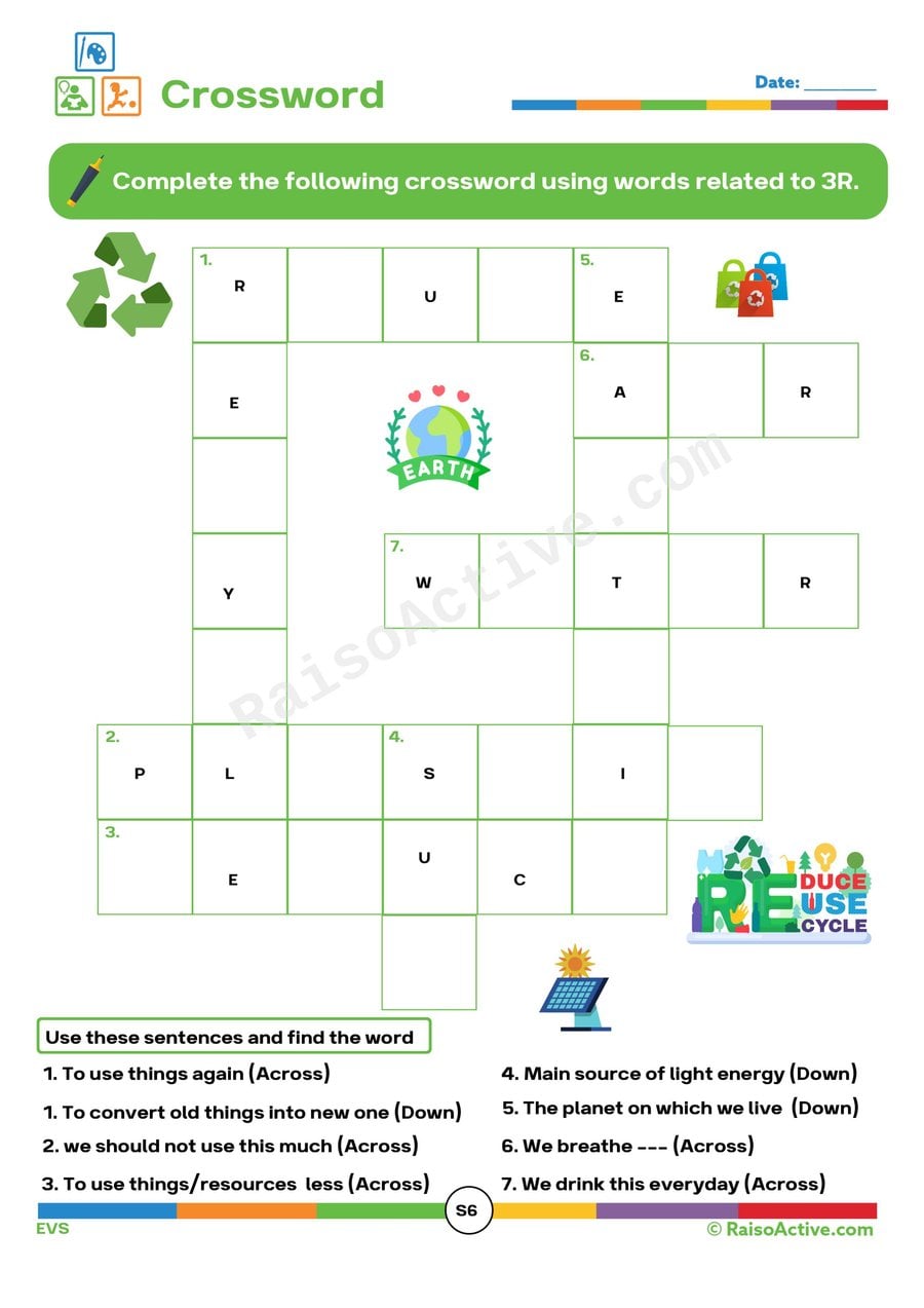 3R Crossword Puzzle Worksheet for Kids