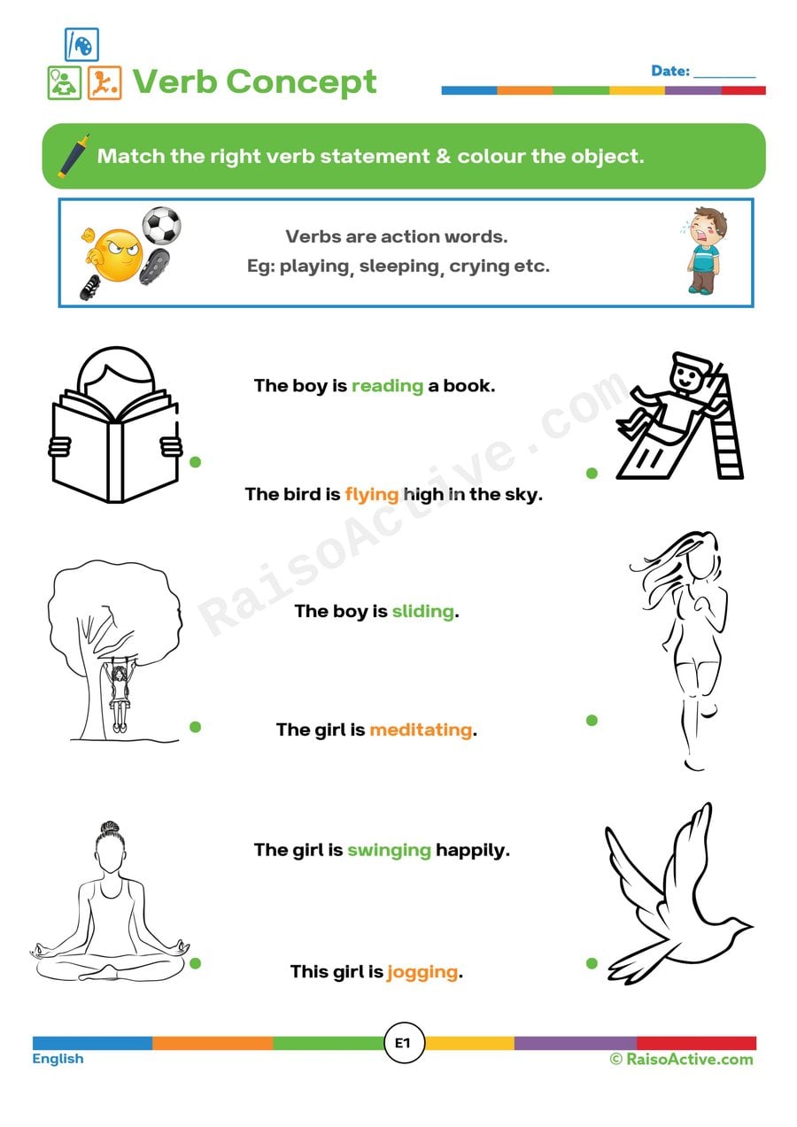 Action Verbs Worksheet: Match and Color!