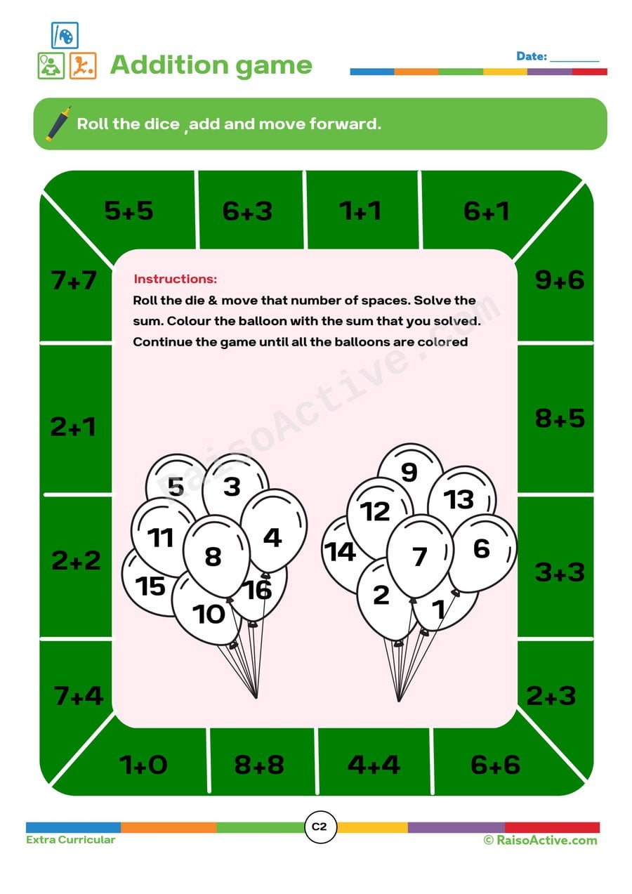 Addition Game: Roll, Add, and Color the Balloons!