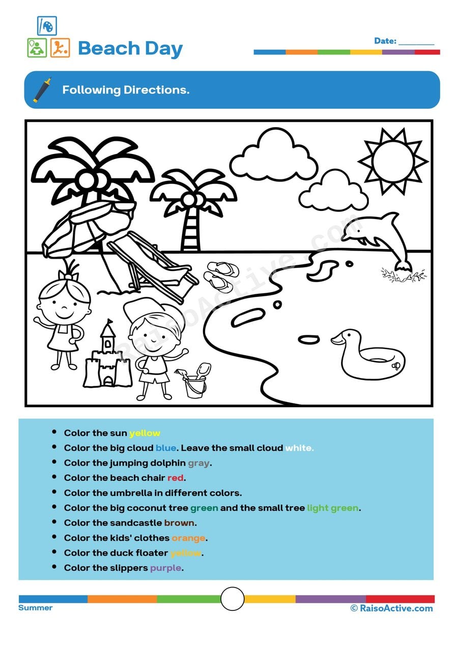 Beach Day Coloring Worksheet for Preschoolers