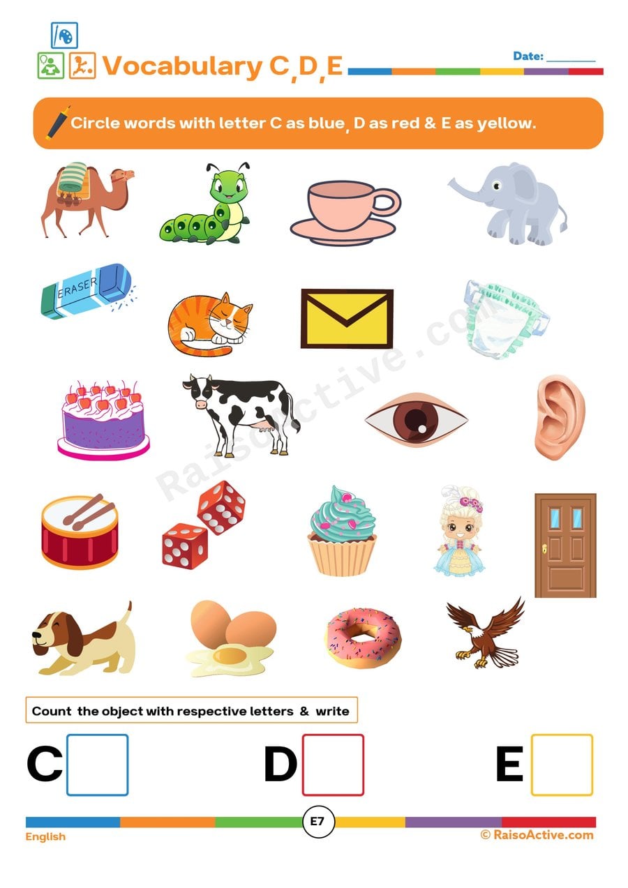 C, D, E Letter Sounds Worksheet: Circle and Count!