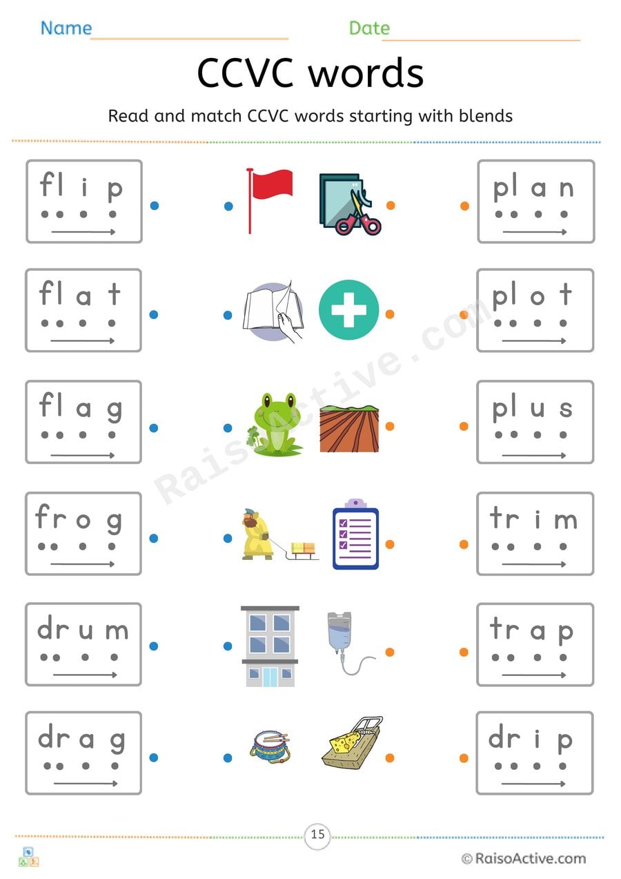 CCVC Words with fl, fr, dr, pl and tr Blends Read and Match Worksheet