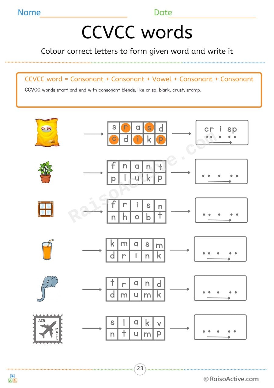 CCVCC Words Colour the Letters and Write Worksheet