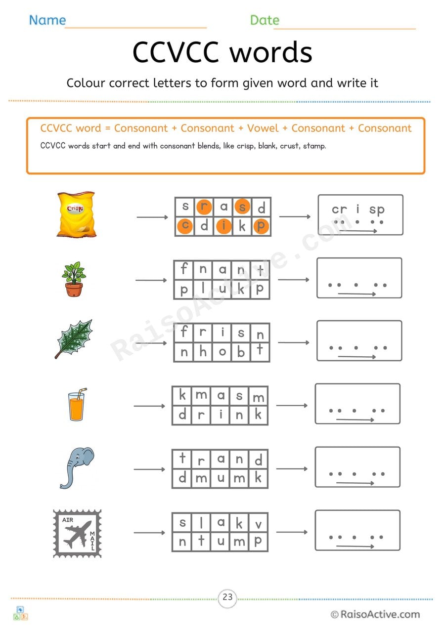 CCVCC Words Colour the Letters and Write Worksheet