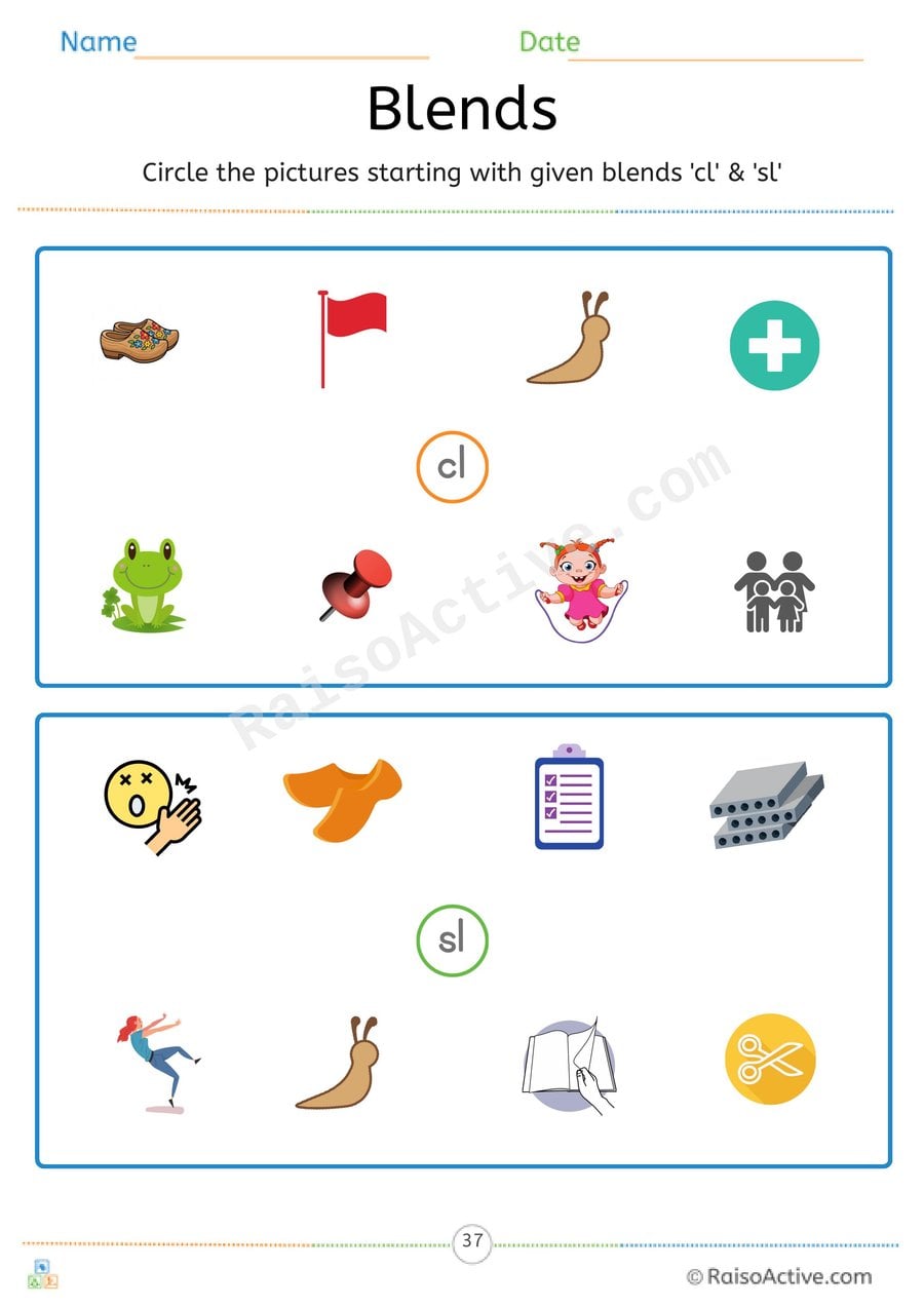 Beginning Blends cl and sl Circle the Pictures Worksheet