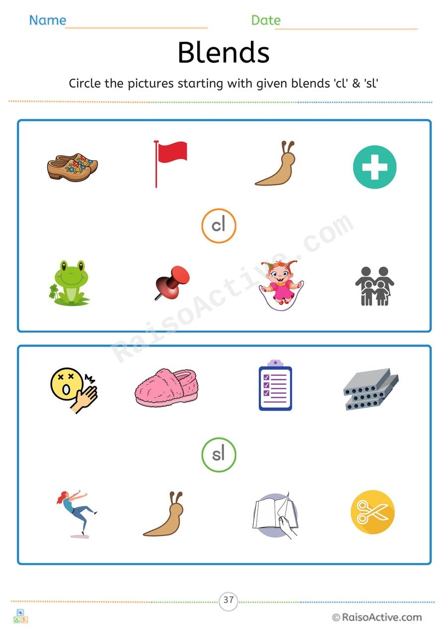 Beginning Blends cl and sl Circle the Pictures Worksheet