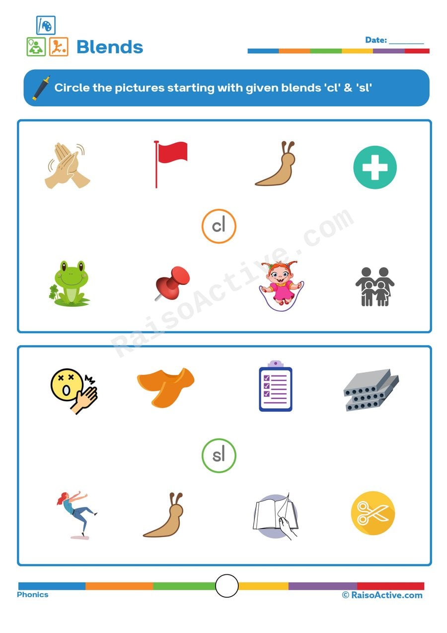 Circle the 'cl' and 'sl' Blends Worksheet