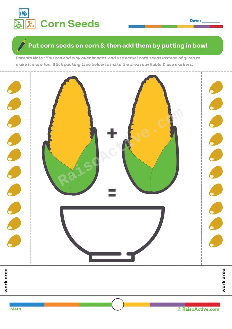 Corn Seed Addition Worksheet for Preschoolers