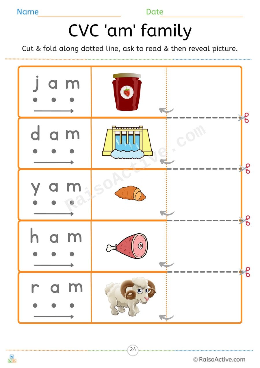 CVC 'am' Word Family Read and Reveal Worksheet