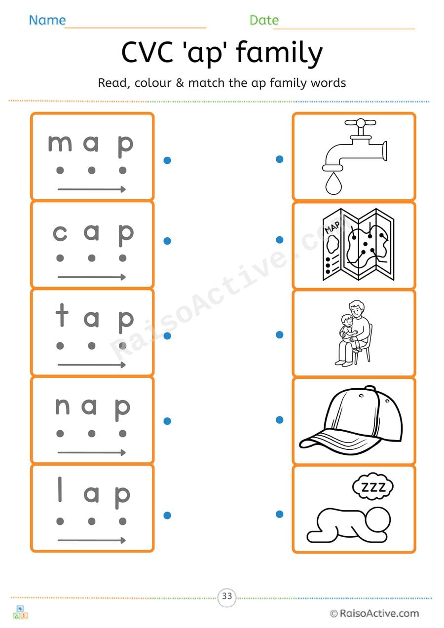 CVC 'ap' Word Family Read, Colour and Match Worksheet