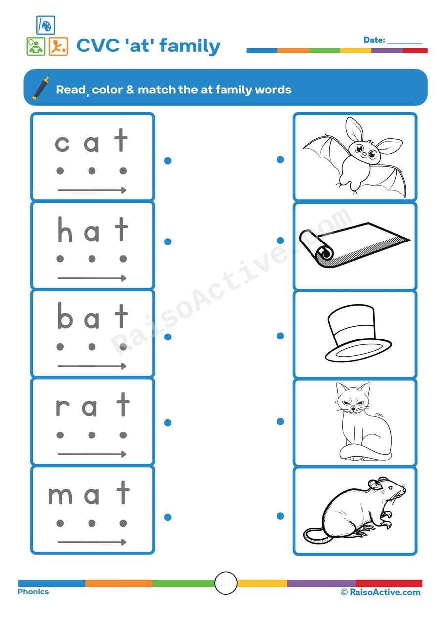 CVC 'at' Family Words Matching Worksheet for Kids