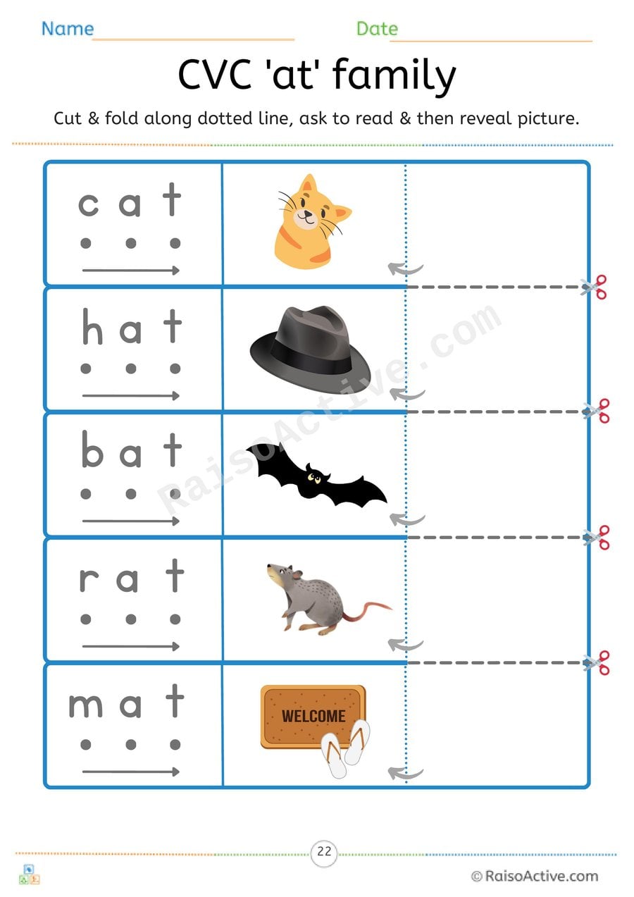 CVC 'at' Word Family Read and Reveal Worksheet
