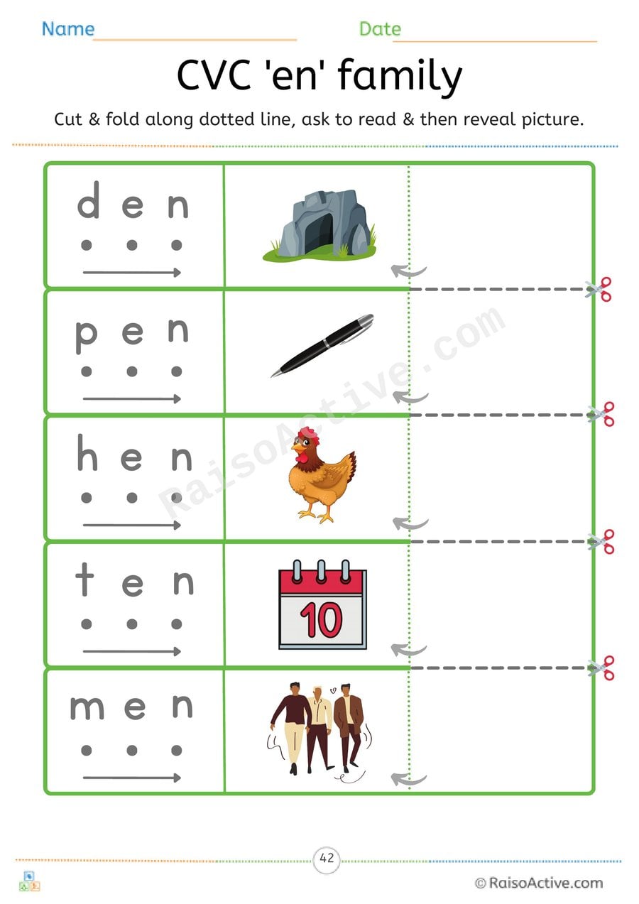 CVC 'en' Word Family Read and Reveal Worksheet