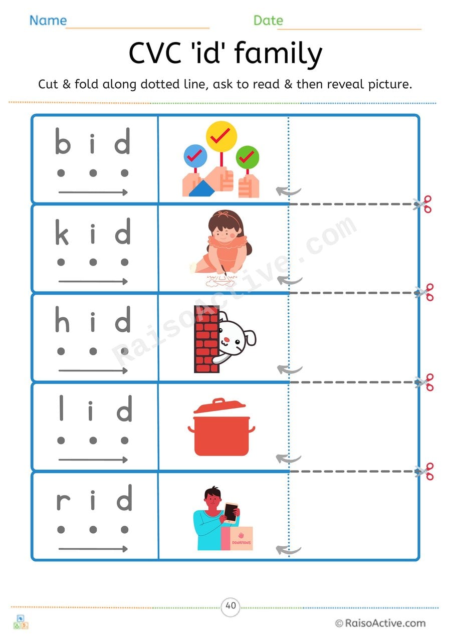 CVC 'id' Word Family Read and Reveal Worksheet