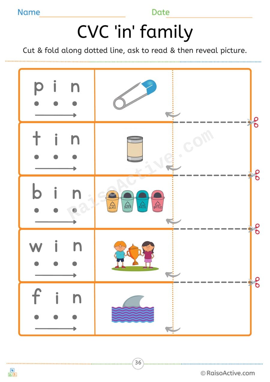 CVC 'in' Word Family Read and Reveal Worksheet