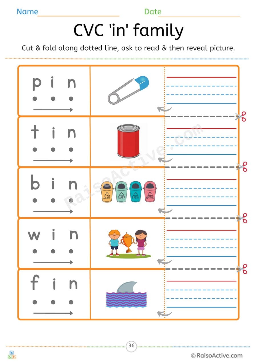 CVC 'in' Word Family Read and Reveal Worksheet