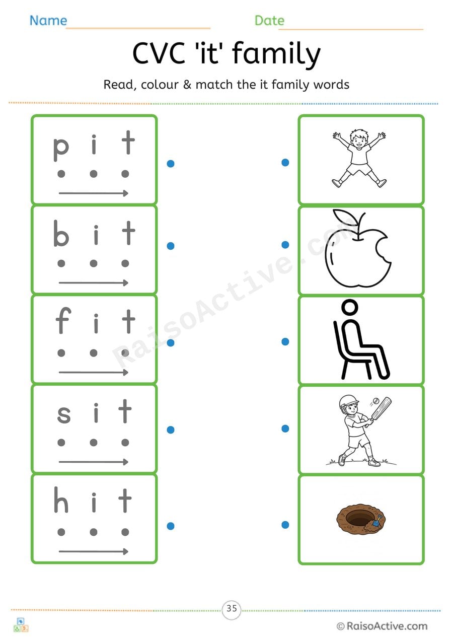 CVC 'it' Word Family Read, Colour and Match Worksheet