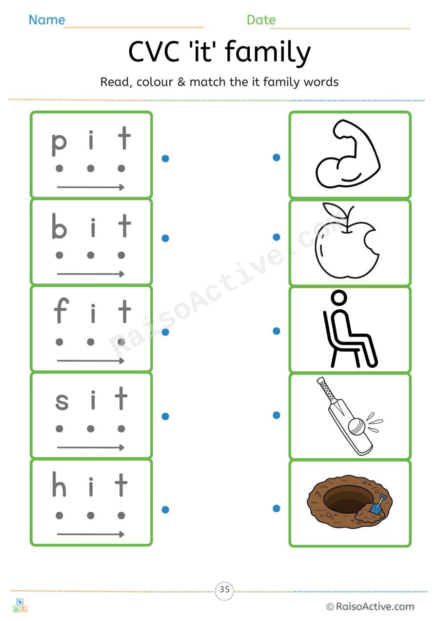 CVC 'it' Word Family Read, Colour and Match Worksheet
