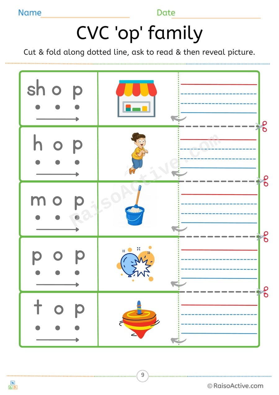 CVC 'op' Word Family Read, Cut and Reveal Worksheet