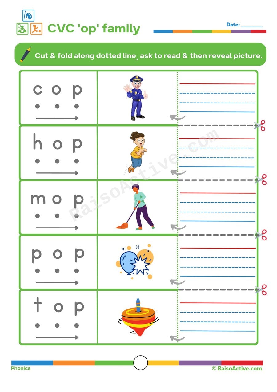 CVC 'op' Family Worksheet: Read, Cut, and Reveal!
