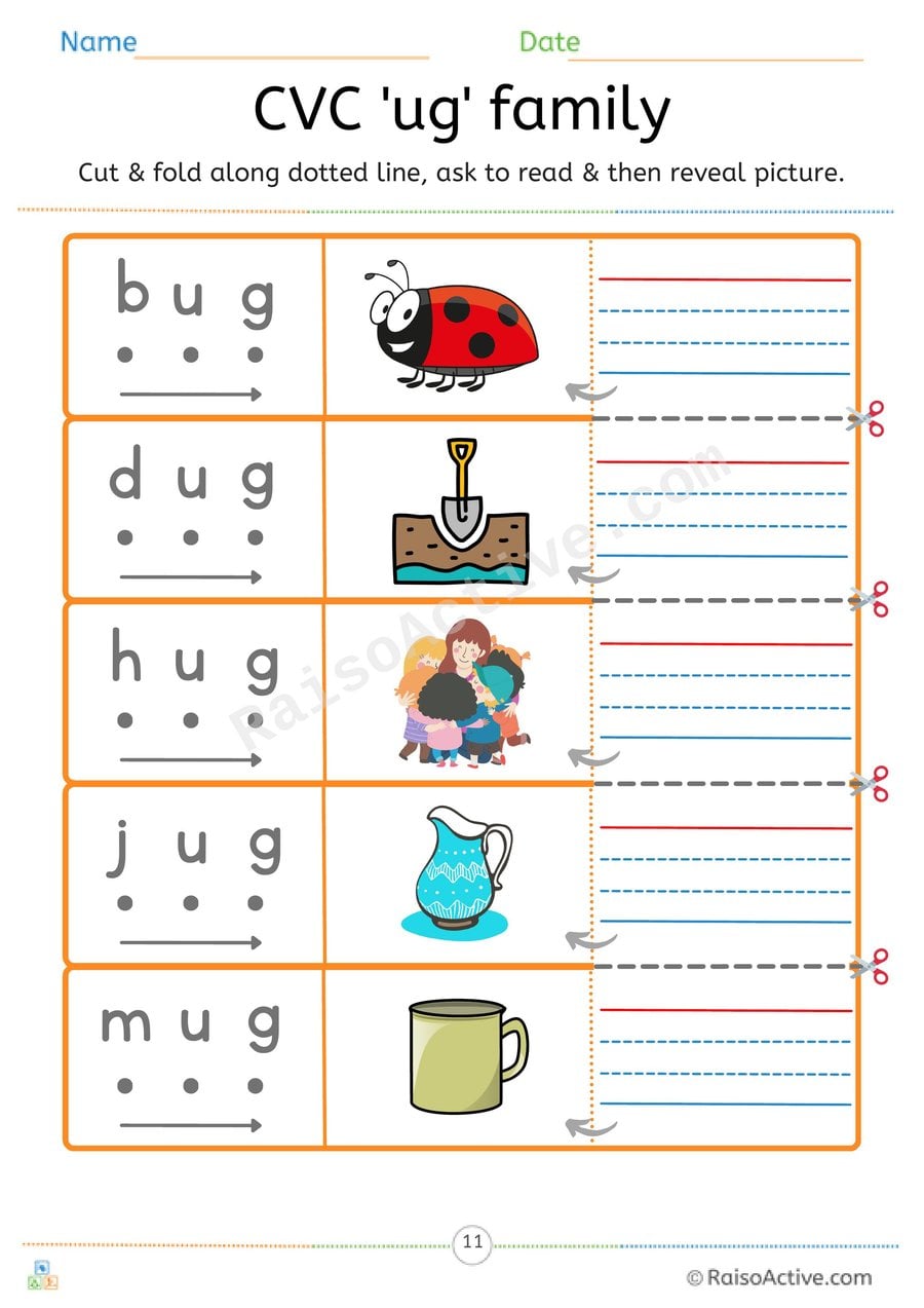 CVC 'ug' Word Family Read, Cut and Reveal Worksheet