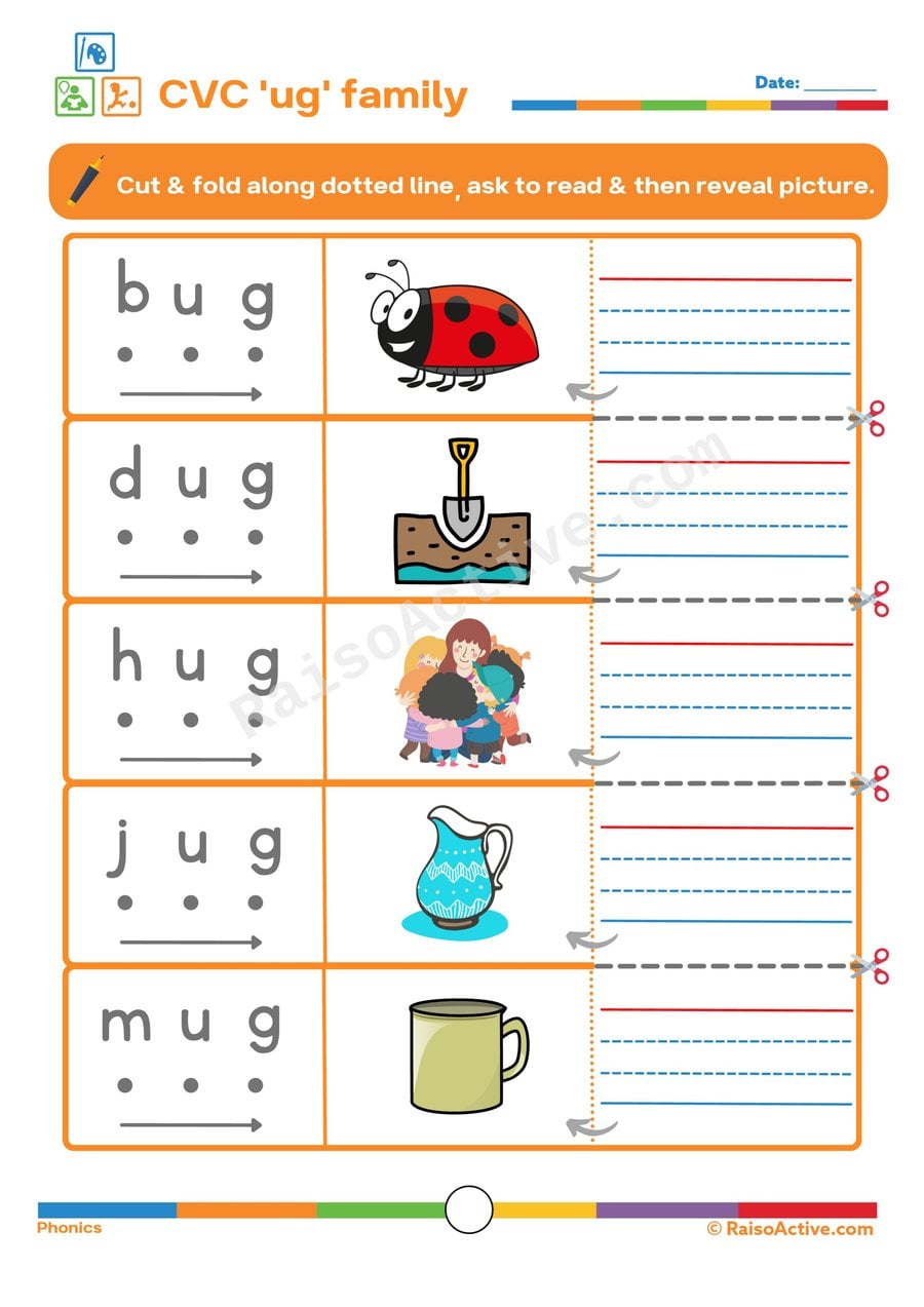CVC 'ug' Family Worksheet: Read, Match, and Reveal!