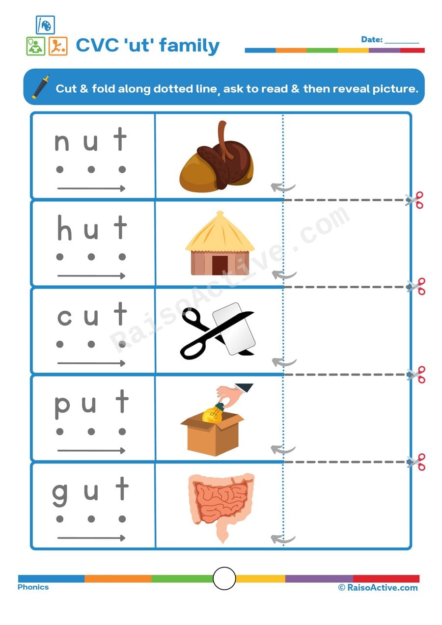 CVC 'ut' Family Worksheet: Read, Cut, and Match!
