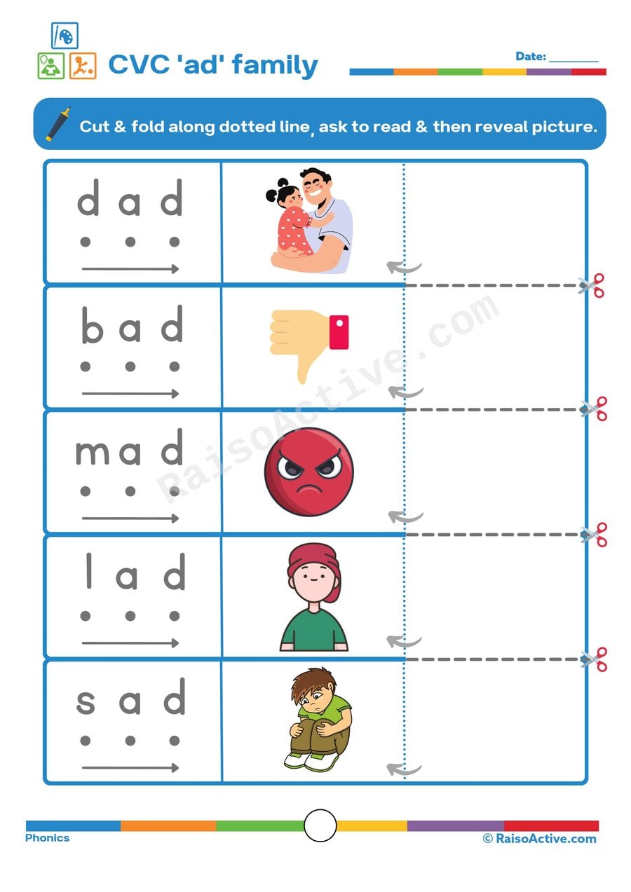 CVC Word Family 'ad' Worksheet: Read, Cut & Match!