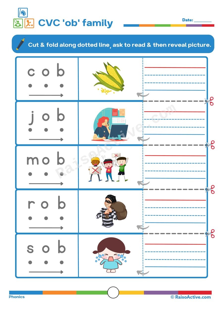 CVC Word Family 'ob' Worksheet: Read, Cut, and Match!