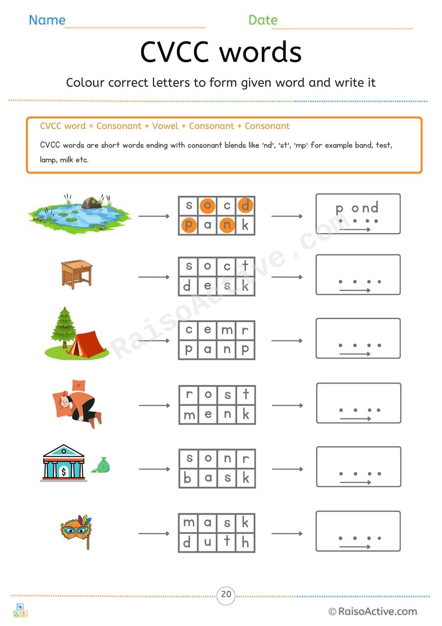 CVCC Words Colour the Letters and Write Worksheet