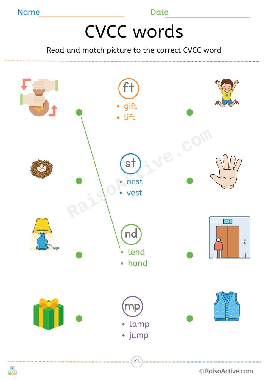 CVCC Ending Blends ft, st, nd and mp Read and Match Worksheet