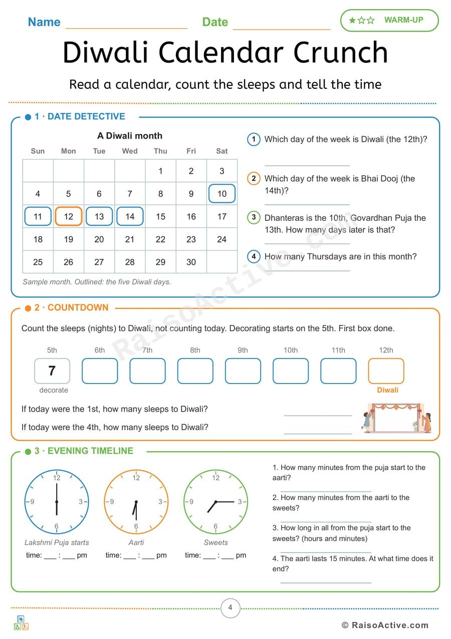 Diwali Calendar Crunch: Dates, Days and Telling Time Worksheet