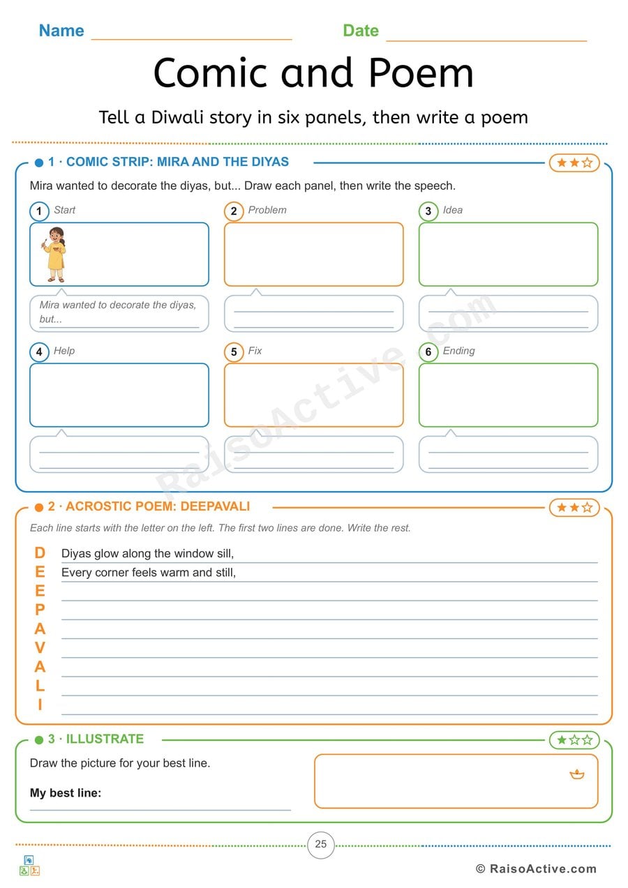 Diwali Comic Strip and Acrostic Poem Writing Activity