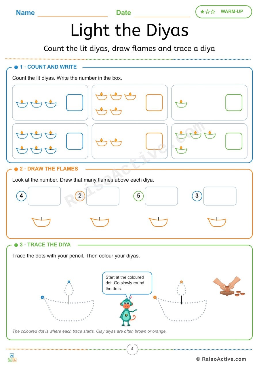 Diwali Diya Counting, Flame Drawing and Tracing Worksheet