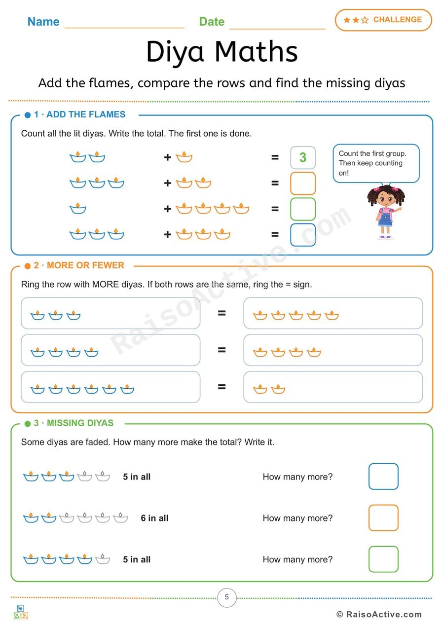 Diwali Diya Maths: Add the Flames and Find the Missing Diyas