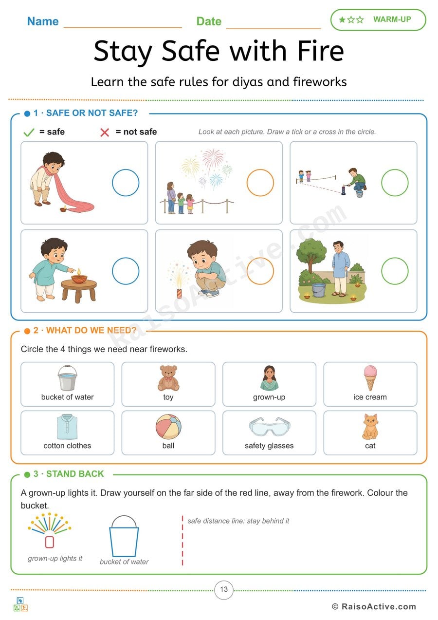 Diwali Fire Safety for Kids: Safe or Not Safe Worksheet