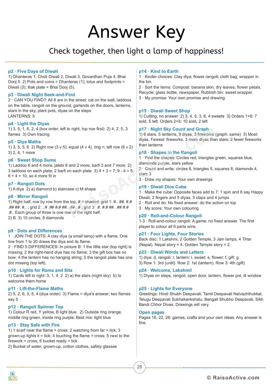 Diwali Fun Time Answer Key for Grown-ups