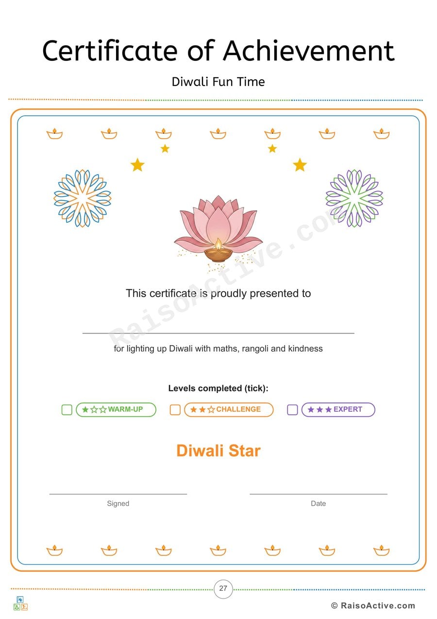 Diwali Fun Time Certificate of Achievement