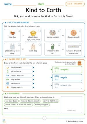 Kind to Earth This Diwali: Eco Choices and Waste Sorting Worksheet