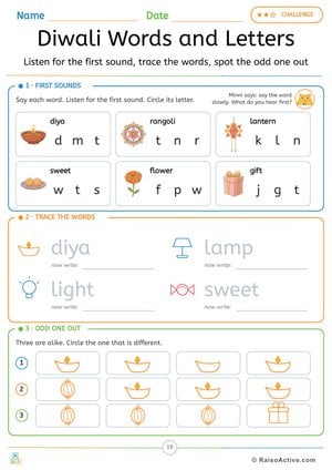 Diwali Words and Letters: First Sounds, Tracing and Odd One Out