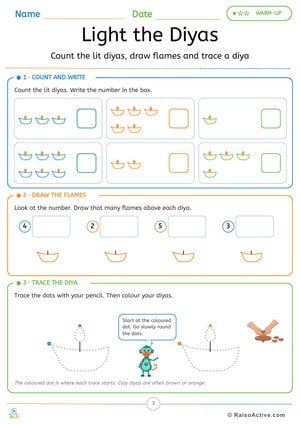 Diwali Diya Counting, Flame Drawing and Tracing Worksheet