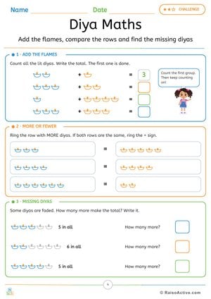 Diwali Diya Maths: Add the Flames and Find the Missing Diyas