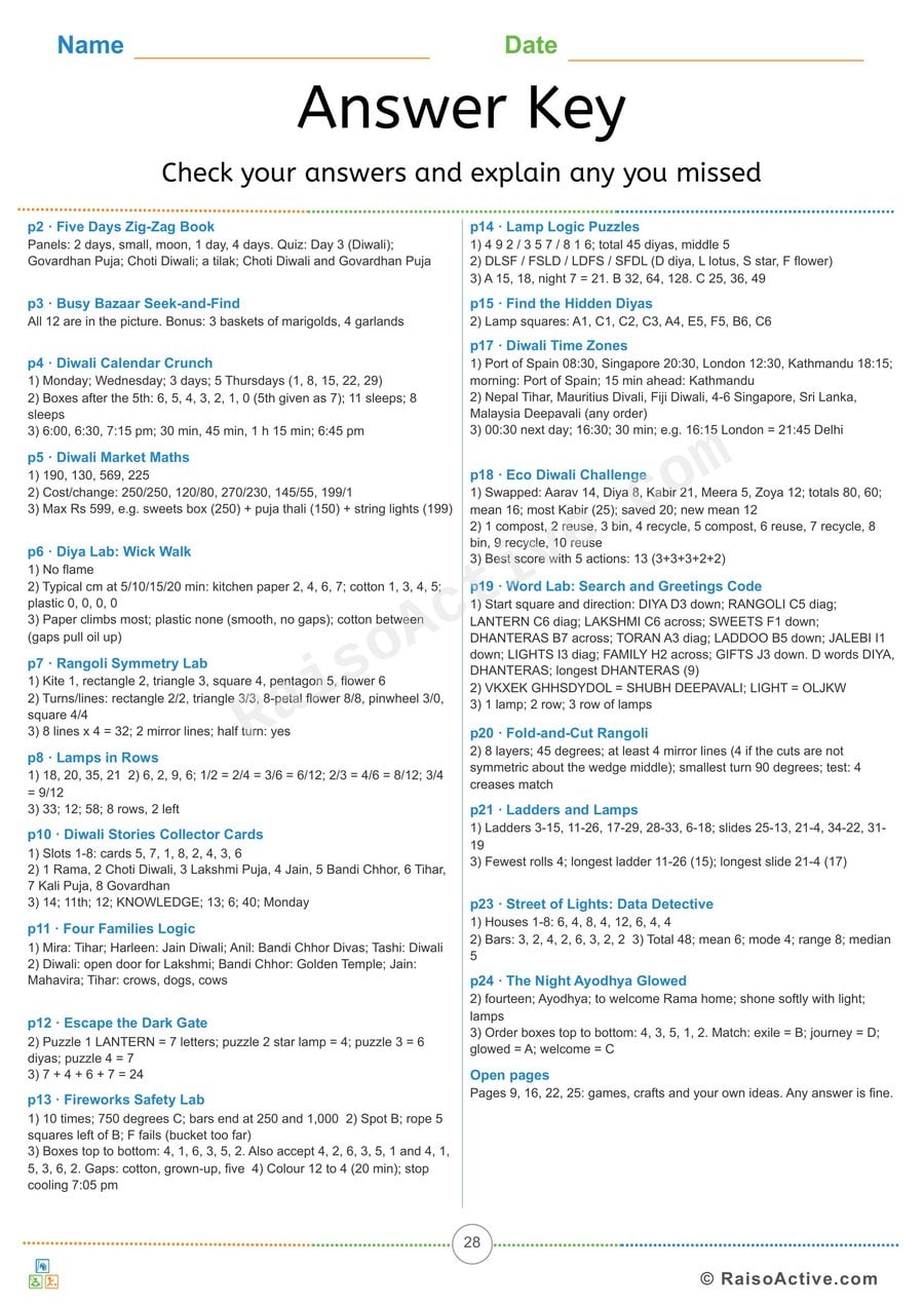 Diwali Light Quest Answer Key with Explanations