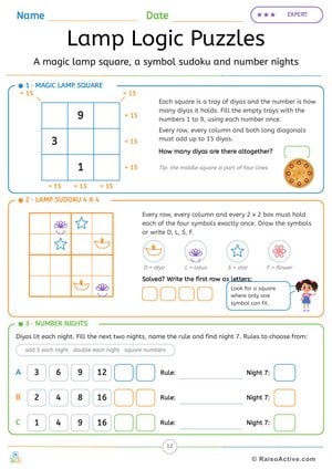 Lamp Logic Puzzles: Magic Square, Sudoku and Number Patterns