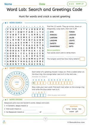 Diwali Word Search, Secret Greeting Code and Word Origins