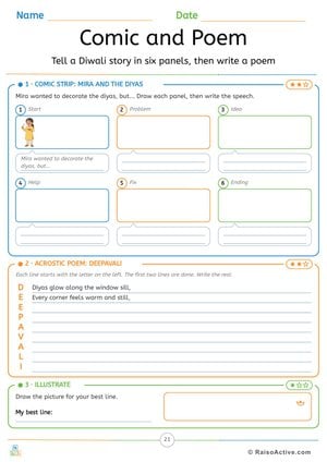 Diwali Comic Strip and Acrostic Poem Writing Activity