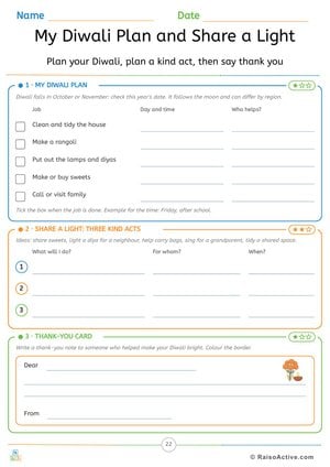 My Diwali Plan, Three Kind Acts and a Thank-You Card Worksheet